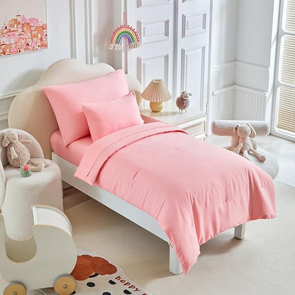 Toddler Bedding Set - 5 Piece Soft and Breathable Toddler Bed Set for Boys and Girls, Includes Quilted Comforter, Fitted Sheet, Flat Top Sheet, Standard Pillowcase and Toddler Pillowcase, Pink