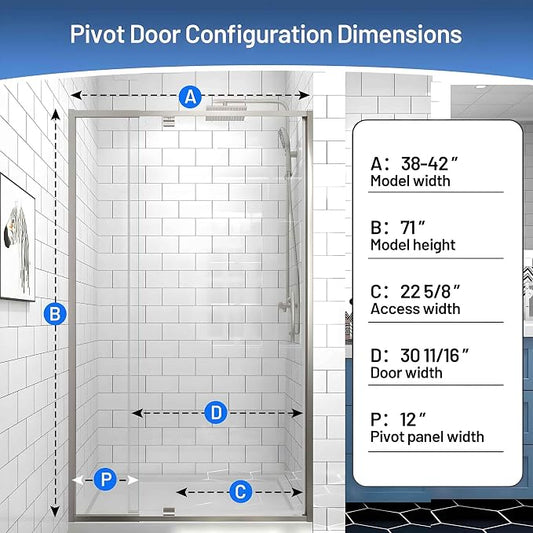 Pivot Glass Shower Door, 38-42" W x 71" H, 1/4" Clear SGCC Tempered Glass - Image 2