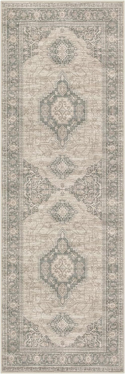 Lahome Oriental Kitchen Runner Rug Non Slip, 2x5 Washable Hallway Runner with Rubber Backing, Vintage Hallway Rug Ultra-Thin Soft Carpet for Bedroom Bathroom, Grey/Brown