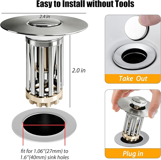 3 in 1 Pop Up Bathroom Sink Stopper, Bathroom Sink Drain Strainer, - Image 2