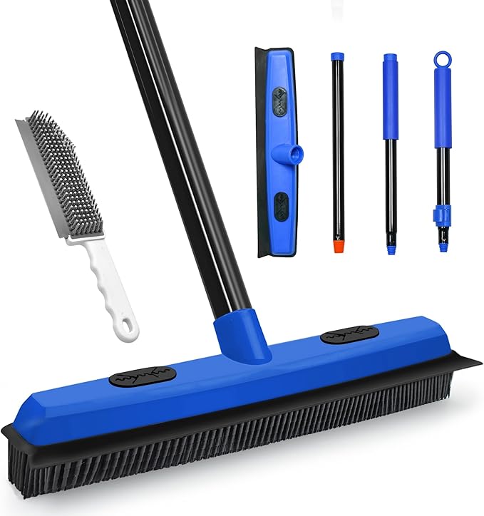 Rubber Broom Carpet Brush with Squeegee, Pet Hair Remover with 52.8 inches Long by Dolanx