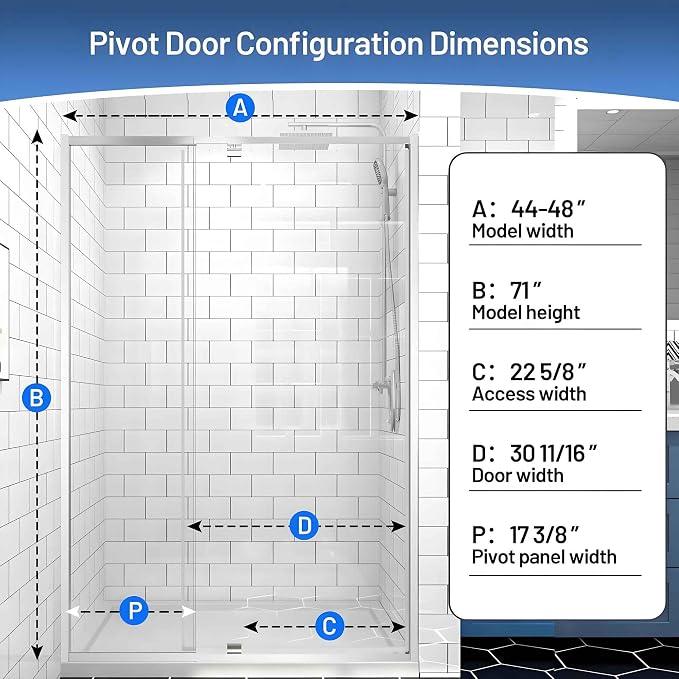 Pivot Glass Shower Door, 44–48" W x 71" H, 1/4" Clear SGCC Tempered Glass - Image 2