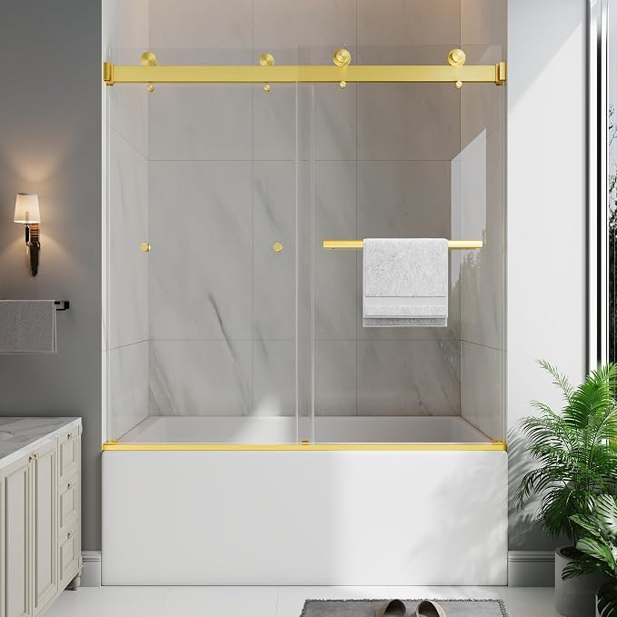 Frameless Bathtub Shower Door, 55-60" W x 60" H Double Sliding Tub Shower Door by EASYWORC