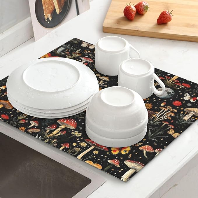 Black Forest Mushroom Butterfly Dish Drying Mats, Absorbent Microfiber Cute - Image 2