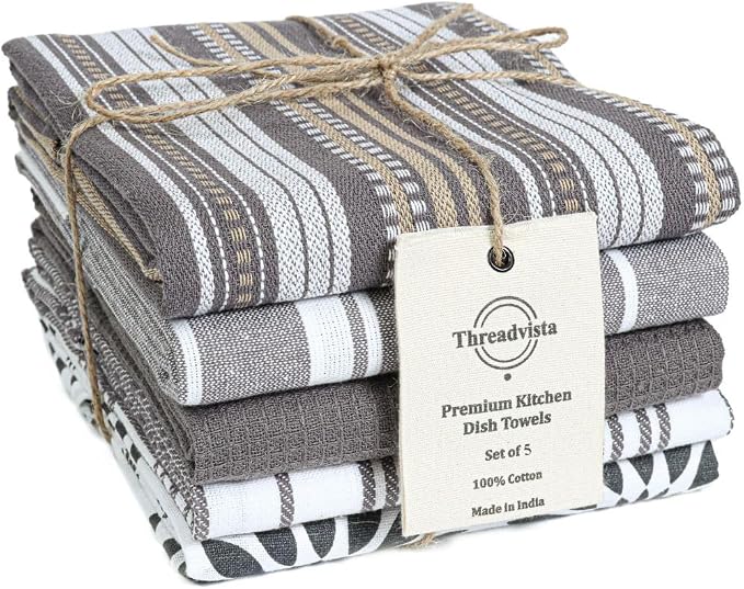 Assorted Kitchen Towels 100% Cotton Large 16x26 Inch Set of 5 by Threadvista