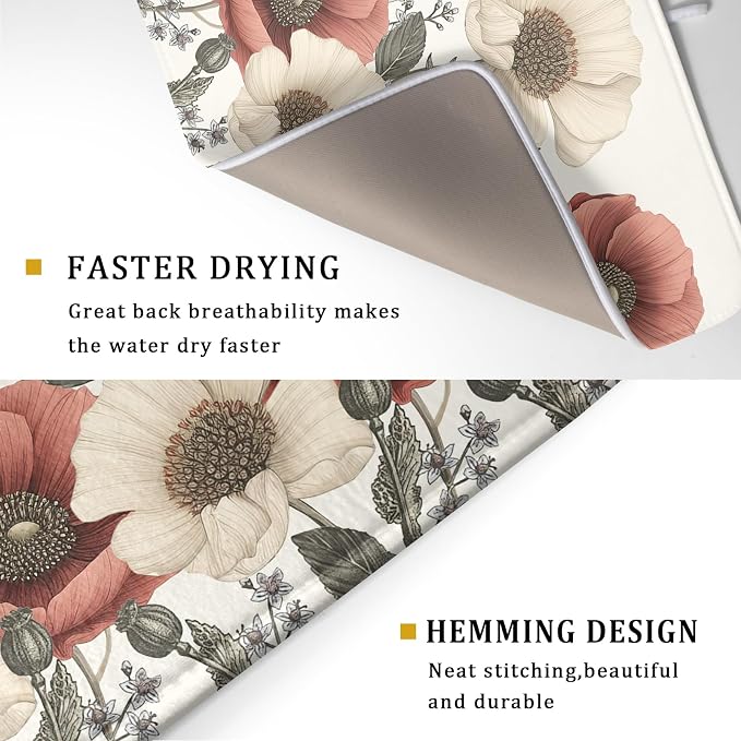 Floral Dish Drying Mat for Kitchen Counter 24x18 Inch Beige Pink Big Flower - Image 5