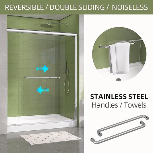 GETPRO Shower Door 62-66 in. W x 72 in. H Double Sliding Semi-Frameless Bypasss - Image 2