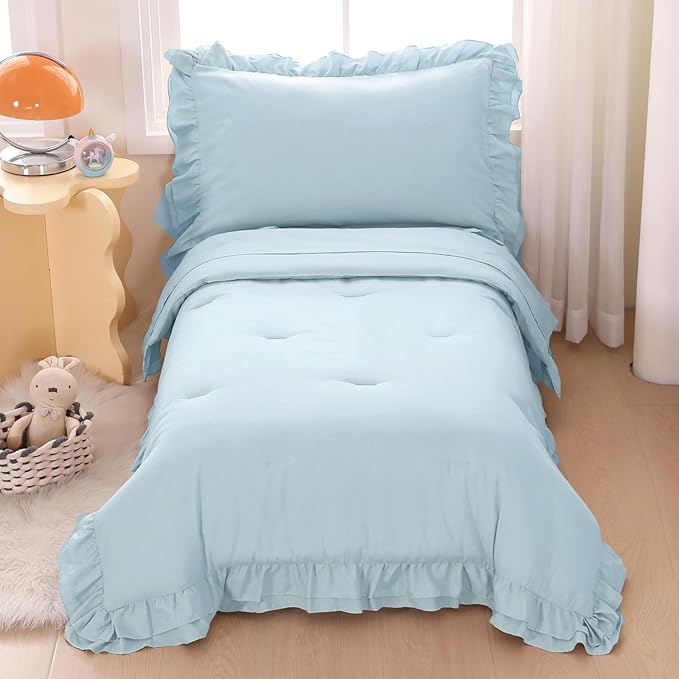 Wowelife Toddler Comforter for Girls Blue Toddler Bedding Set 4 Pieces Double Ruffles Comforter Sets, Cozy and Tender Bedding Includes Comforter, Fitted Sheet, Flat Top Sheet and Pillowcase