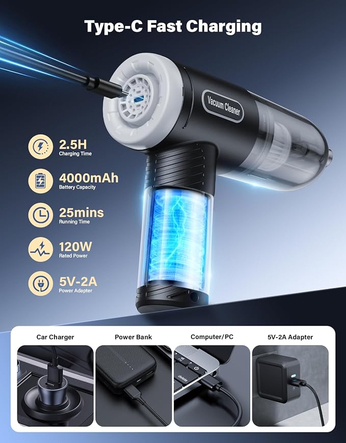 Car Vacuum Portable Cordless, 9000Pa Handheld Vacuum Mini Vacuum Cleaner High - Image 3