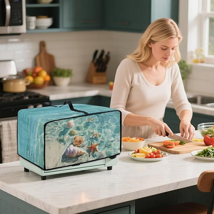 Toaster Oven Cover Washable Small Kitchen Appliance Dust Cover with Pockets, for Air Fryer Toaster Ovens, Microwaves, L, 18.5 x 22.5 x 13 Inches, Blue Beach Starfish Seashell Conch Whelk