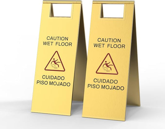 2 Pcs Wet Floor Sign, 24 Inch Gold Stainless Steel Caution Wet Floor Sign by CrazyAnt