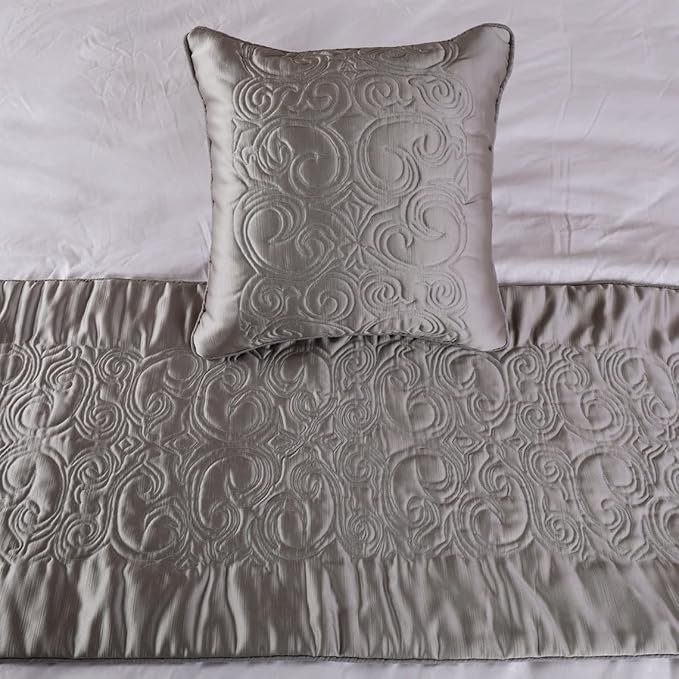The HomeCentric Decorative Silver Twin 53 x 18 inch Bed Runner Without Pillow Cover, Satin Quilted Bed Scarf, Abstract Modern - Silver Soft