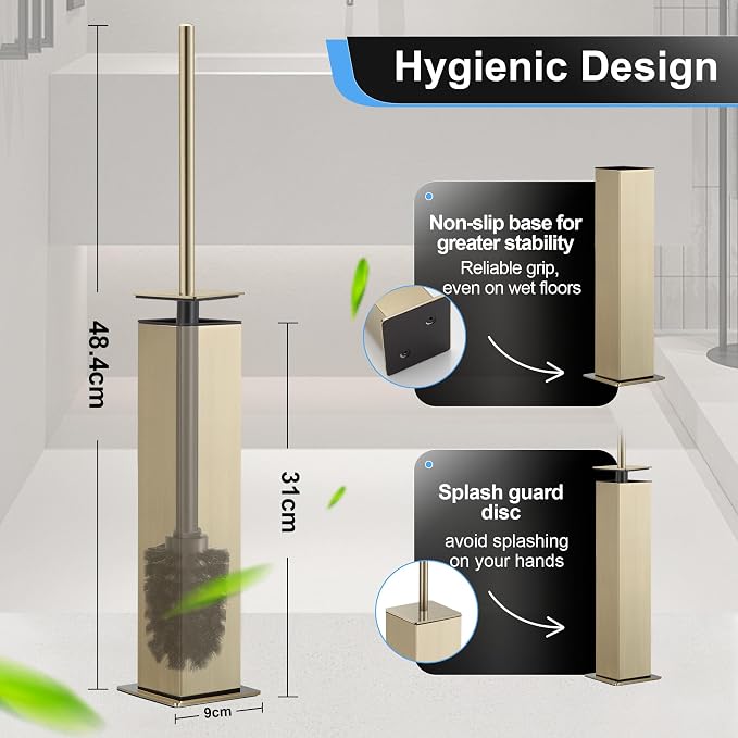 BVL Toilet Brush and Holder Set Brushed Gold Stainless Steel 304 Square - Image 4