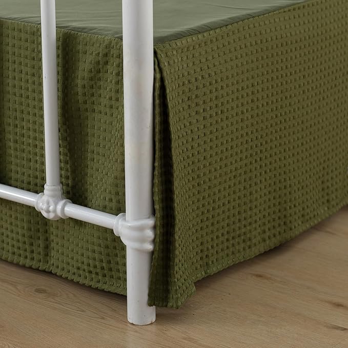 Bed Skirt King Size, Pleated Waffle Weave Bed Skirt with Split Corners, Tailored Dust Ruffle 12 Inch Drop Easy Fit, Machine Washable, Green, 12" King