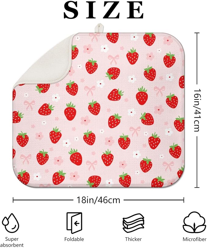 Strawberry Dish Drying Mat for Kitchen Counter, Washable Absorbent Kitchen - Image 2