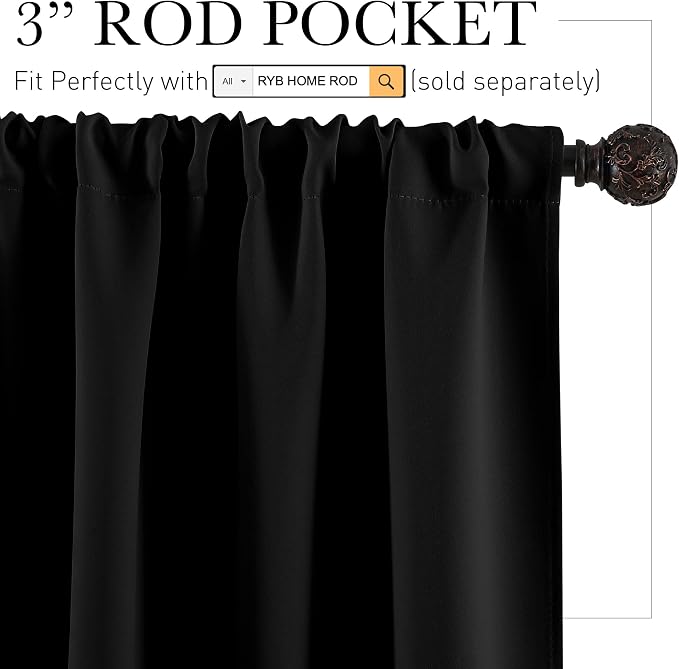 RYB HOME Black Curtain Panels for Nursery Soft Solid Energy Saving Drapes - Image 2