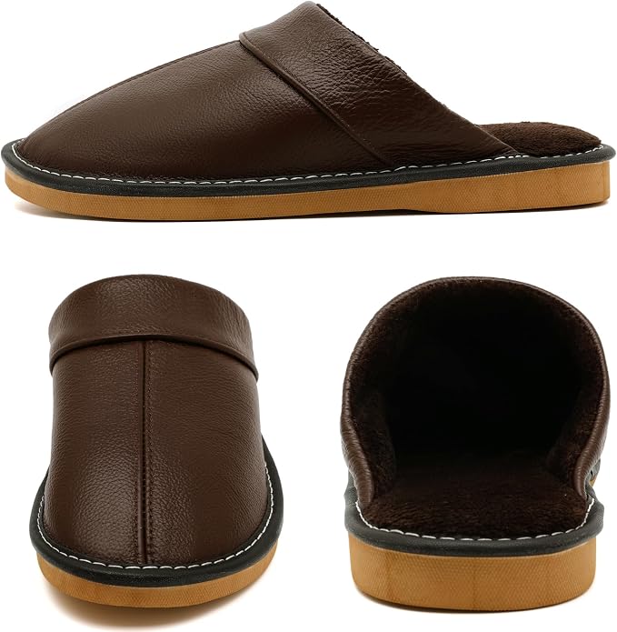 Slippers for Women Men, Genuine Leather Slippers Indoor Outdoor, Fuzzy Bedroom - Image 3