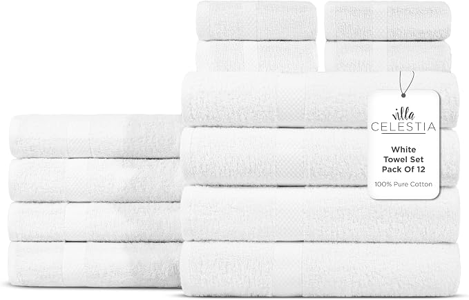100% Cotton Bath Towel Set of 12-4 Bath Towels, 4 Hand Towels, 4 Wash Cloths by VillaCelestia