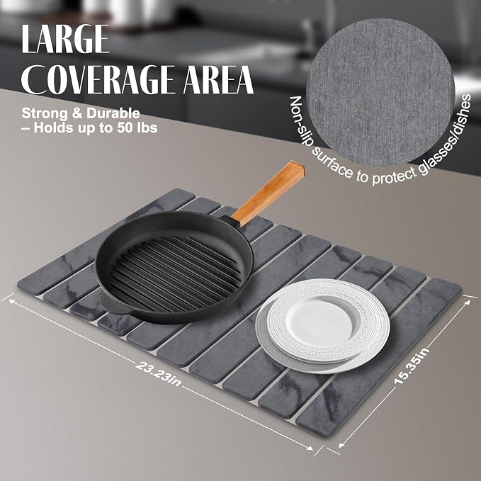 Large Stone Dish Drying Mats for Kitchen Counter, Fast Drying Collapsible - Image 6