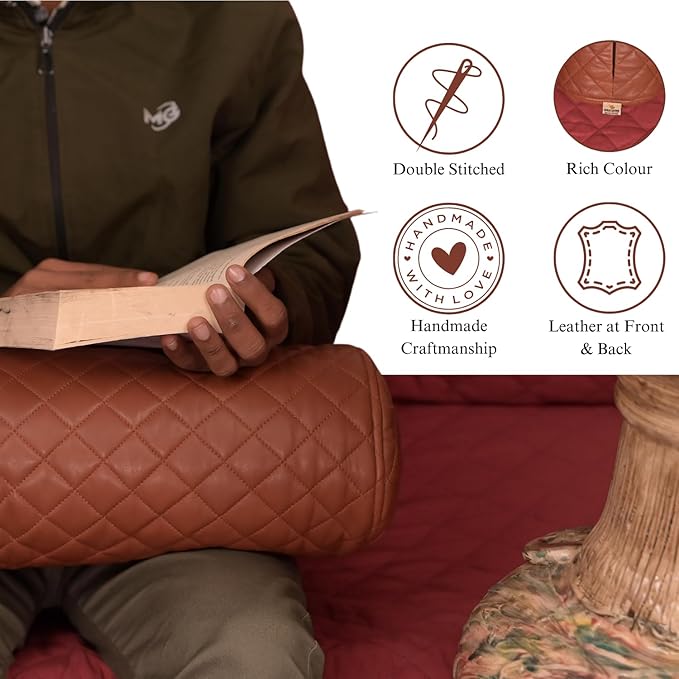 Neck Roll Pillow Cushion Cover, 24x7 Inch Full Moon Round Bolster Pillow Case, Cylinder Soft Lambskin Leather Pillowcase for Head, Spine & Neck Support During Sleep - Quilted Brown Pack of 1