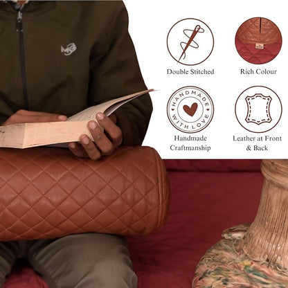 Neck Roll Pillow Cushion Cover, 20x7 Inch Full Moon Round Bolster Pillow Case, Cylinder Soft Lambskin Leather Pillowcase for Head, Spine & Neck Support During Sleep - Quilted Brown Pack of 1