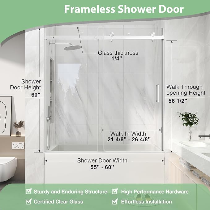 KPUY Frameless Sliding Bathtub Door, 55-60" W x 60" H Tub Shower Door, 1/4" - Image 4