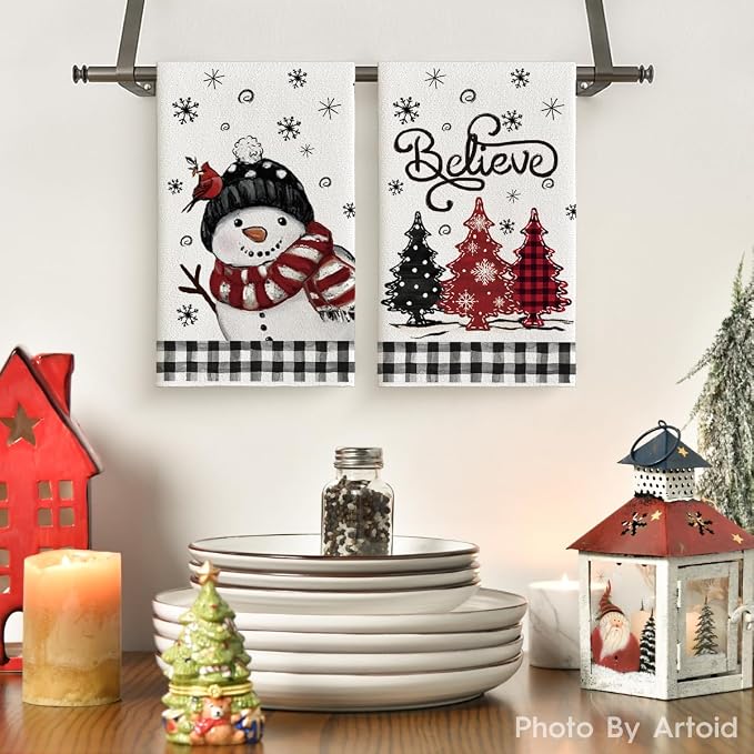 Artoid Mode Black Red Xmas Tree Snowman Christmas Kitchen Towels Dish Towels - Image 2
