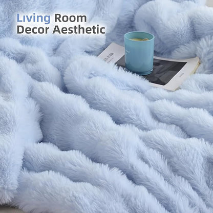 Smoofy Faux Fur Throw Blanket for Couch Rabbit Fleece - Light Blue Fluffy Blanket for Sofa Bedroom Living Room, Cozy Soft Plush Luxury Thick Winter Fuzzy Comfy Bubble Blanket - 50" x 60"