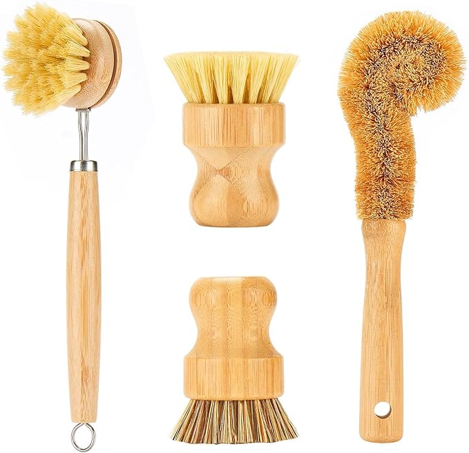 Bamboo Dish Brushes Sets 4 Tools in One Kitchen Clean Dish Scrubber by HOME