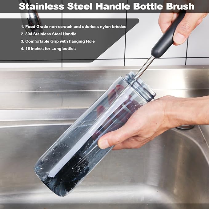 Water Bottle Brush, 15 Inches Long Stainless Steel Handle Bottle Brush Cleaner - Image 2