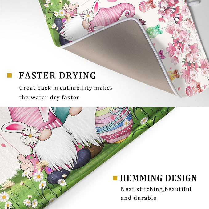 Giwawa Easter Gnome Dish Drying Mat Floral Eggs Bunny Kitchen Drainer Mat 18x24 - Image 3
