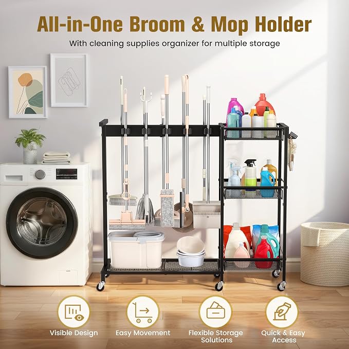 Broom Holder with Cleaning Supplies Organizer, Cleaning Utility Cart on Wheels - Image 2