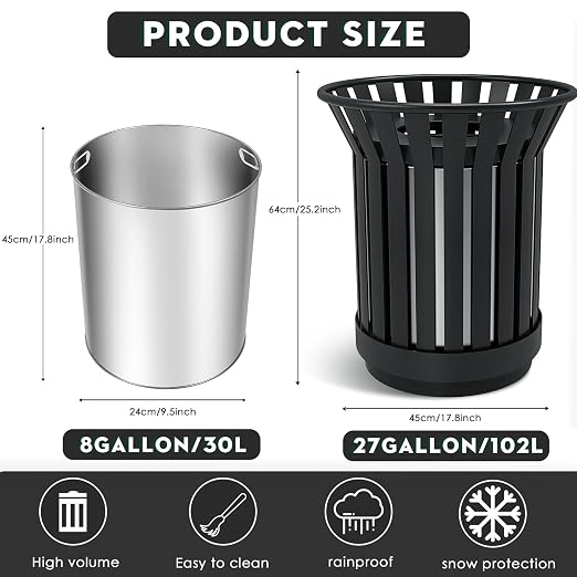 25.2IN Large Round Large Outdoor Trash Can, Heavy Duty Metal Slatted Garbage - Image 2