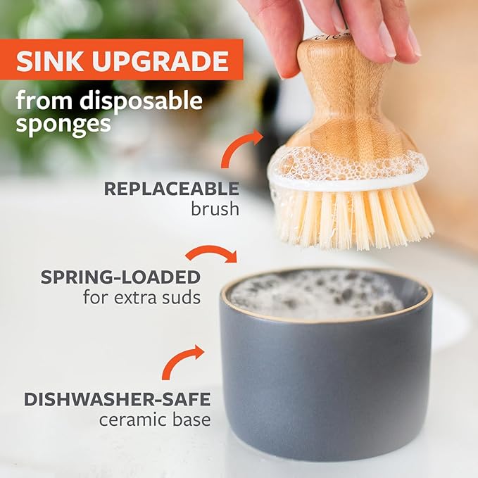 Full Circle Bubble Up Bamboo Dish Brush & Ceramic Soap Dispenser – Family Safe - Image 3