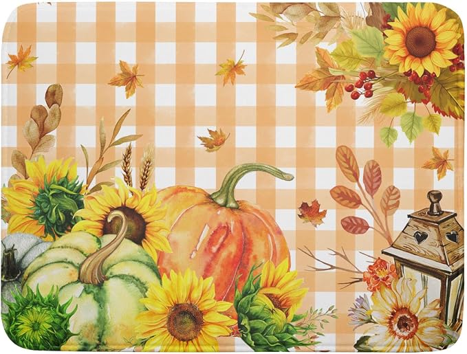 Autumn Maple Leaf Orange White Check Plaids Dish Drying Mat by Anyako