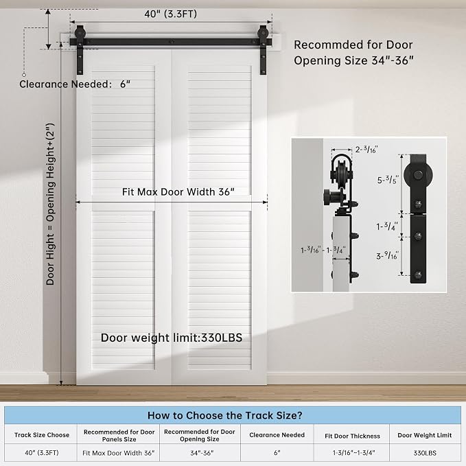 40" Bi-Folding Sliding Barn Door Hardware Track Kit, Smoothly&Quietly, Side - Image 2