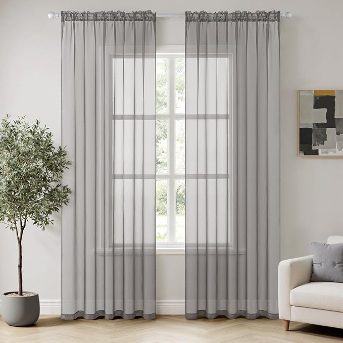 MIULEE Grey Sheer Curtains 84 Inches Long 2 Panels, Light Filtering Voile Drapes with Rod Pocket for Bedroom and Living Room Windows