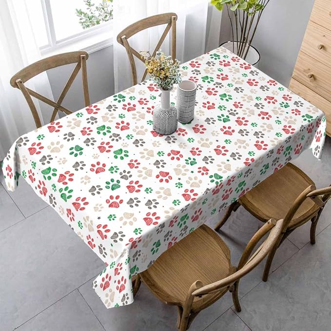 Paw Prints Table Cloth 52x70 Doodle Dog Cat Red Green Footprint Rectangular - Image 2