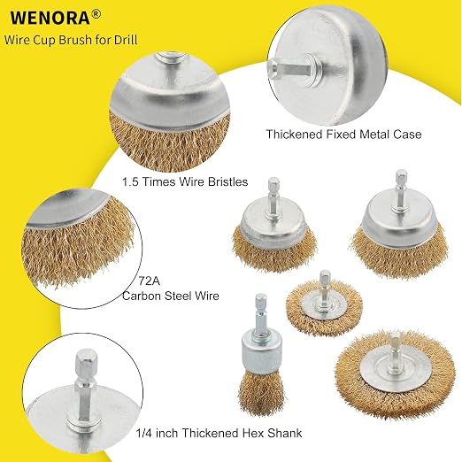 5 Pcs Wire Brush for Drill Set, Brass Wire Wheel for Drill, 1/4 Inch Hex Shank - Image 5