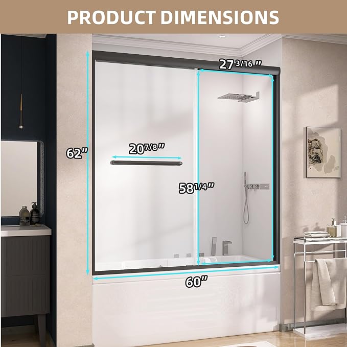 GETPRO Shower Door for Tub 56-60 in. W x 62 in. H Semi-Frameless Tub Door for - Image 9