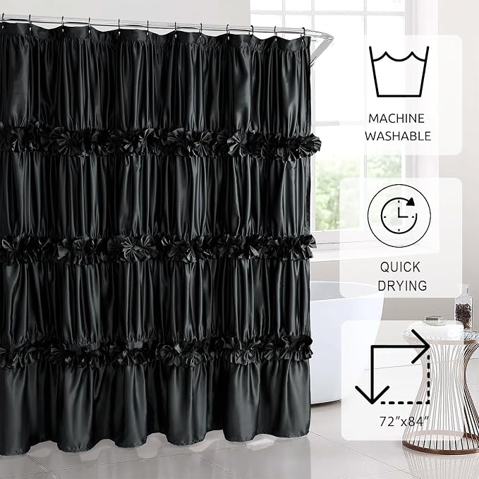 Black Ruffle Shower Curtain, Vintage Handcrafted Bow Tie Bath Curtain - Image 4