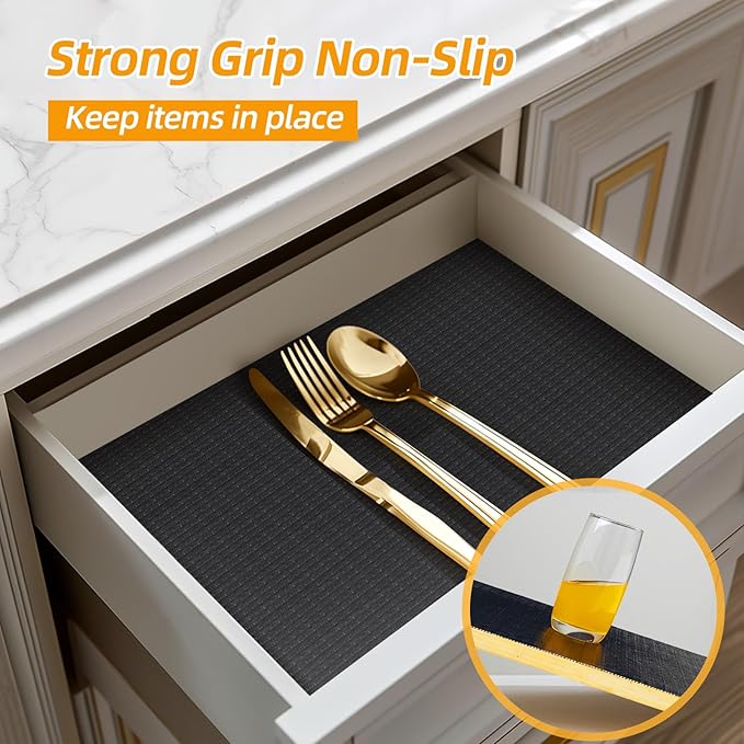 Shelf and Drawer Liner for Kitchen Cabinets Non-Adhesive, Strong Grip Non-Slip Thickened Cabinet Liners for Shelves, Waterproof Mats for Dresser Cupboard, Black, 17 in x 30 Feet