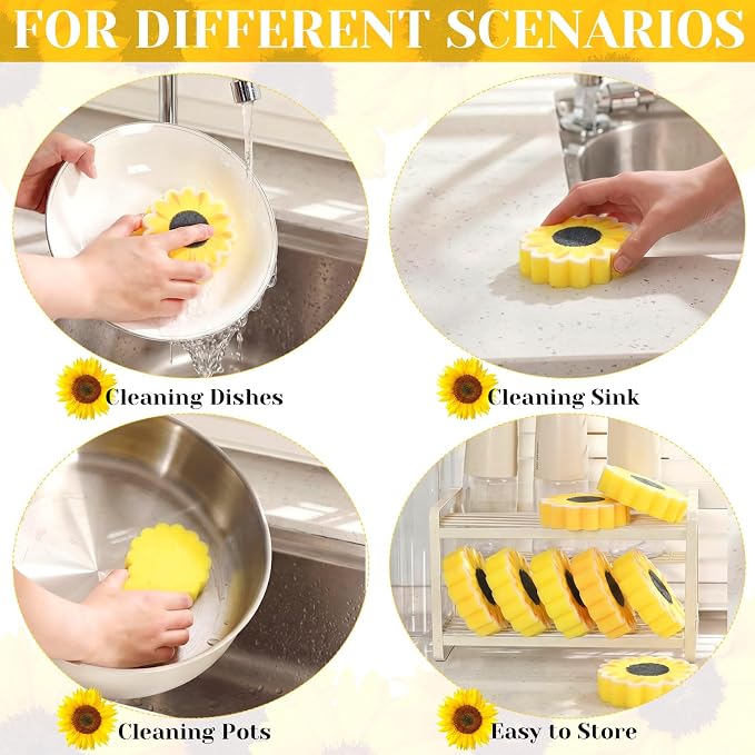 Tioncy 12 Pack Sunflower Kitchen Sponges Bulk Dual Sided Scrubber Yellow - Image 3