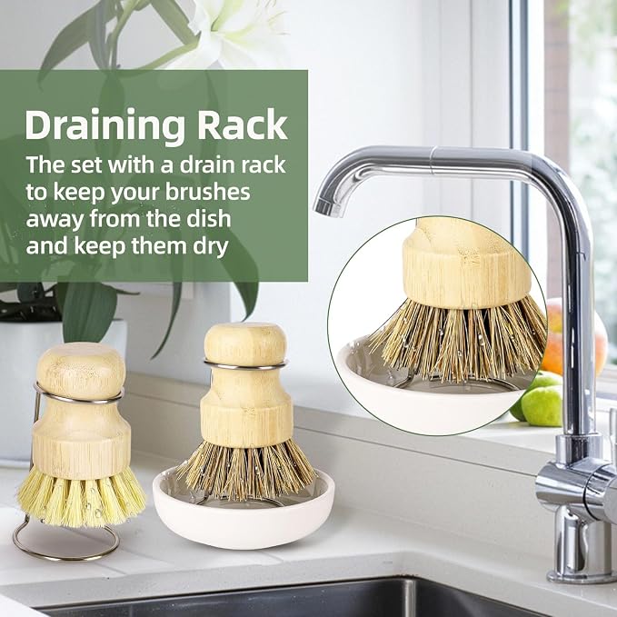 Bamboo Dish Brush Set with Holder - Image 3