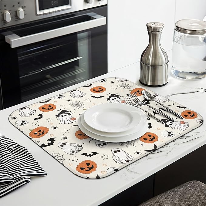 Halloween Dish Drying Mat for Kitchen Counter, Horror Halloween Pumpkin Skull - Image 3