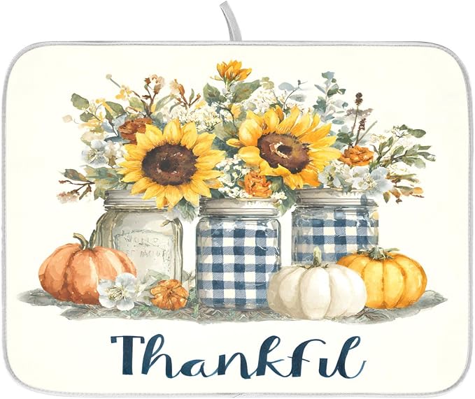 Autumn Pumpkin and Sunflower Floral Vase Dish Drying Mat by ALAZA