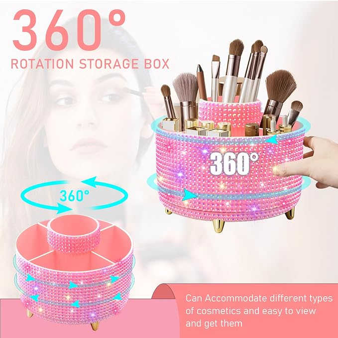 Diesisa Bling Diamond 360° Makeup Brush Holder Organizer, Rotating Makeup Brush - Image 3