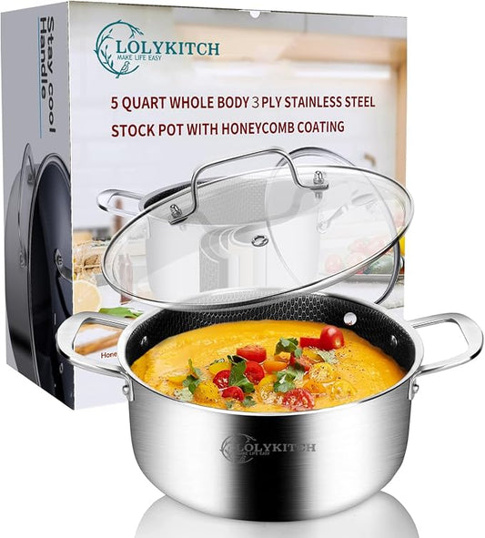 LOLYKITCH 5 QT Tri-Ply Hybrid Stainless Steel Non Stick Stock Pot by LolyKitch