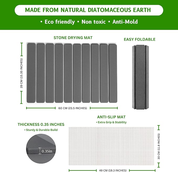 Stone Dish Drying Mat – Large 24×16 Quick Dry Stone Mat Kitchen, Diatomaceous - Image 2