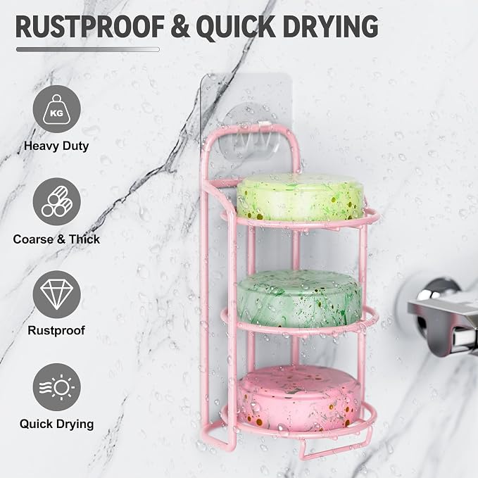 Pink 3-Tier Shower Soap Shampoo Bar Holder, Self Adhesive & Freestanding - Image 3